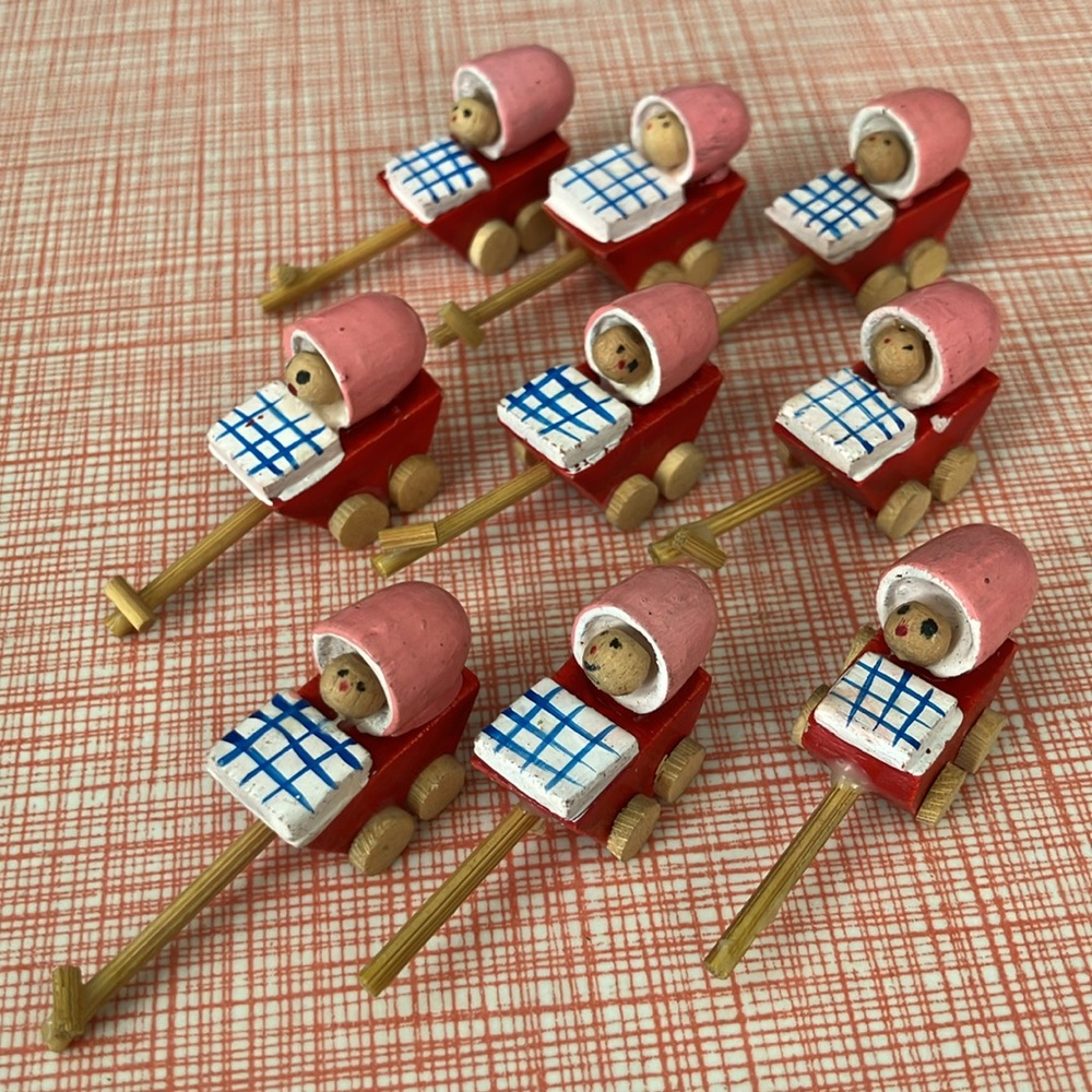 COPY - Vintage Miniature HandPainted Wooden Strollers Prams with Babies set of 9